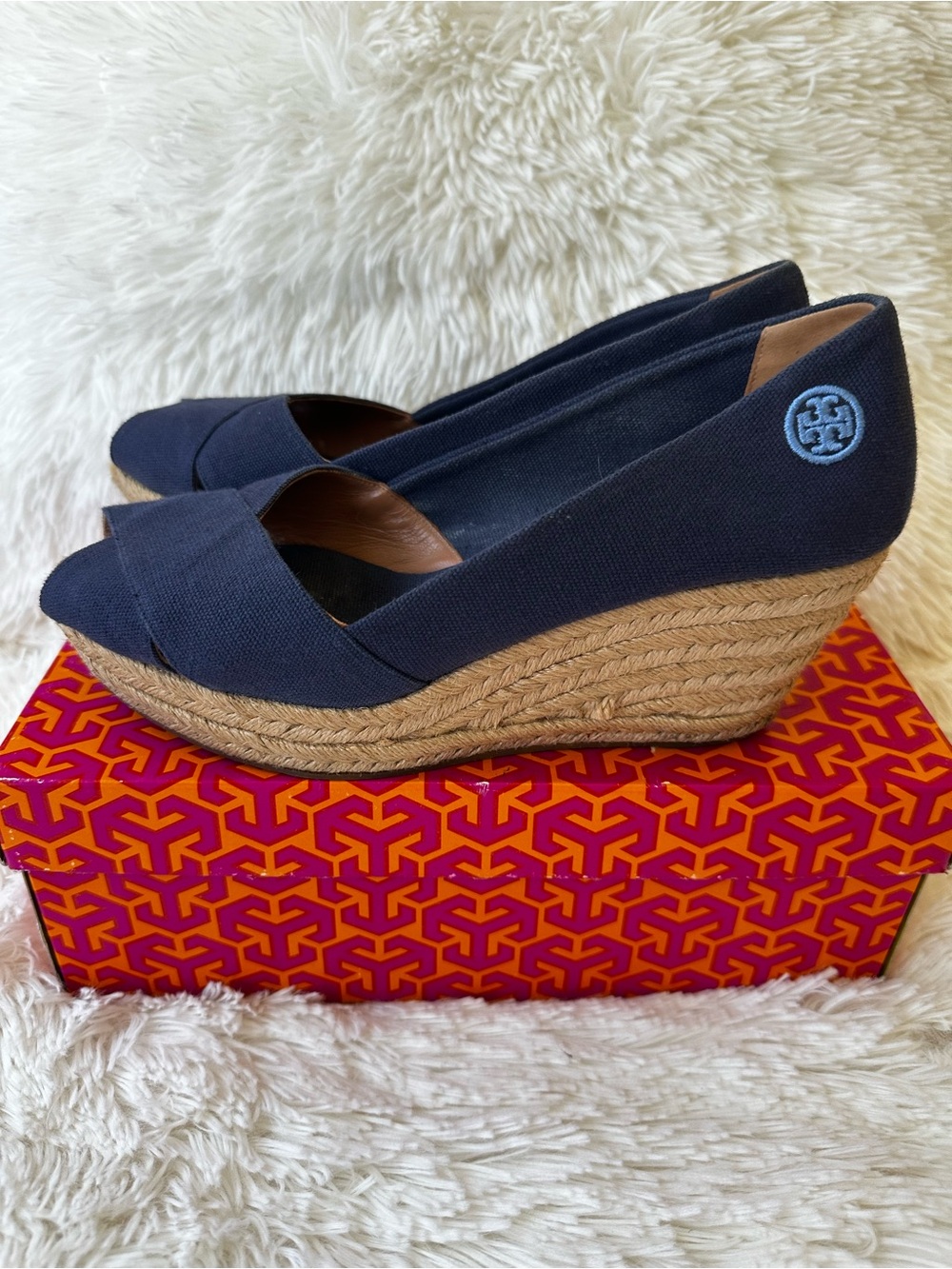 Tory Burch Filipe Navy Canvas Espadrille Wedge Peep Toe Heels Size: 10.5